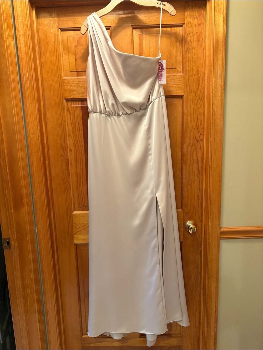Amsale One-Shoulder Satin Gown in Light Taupe/champagne